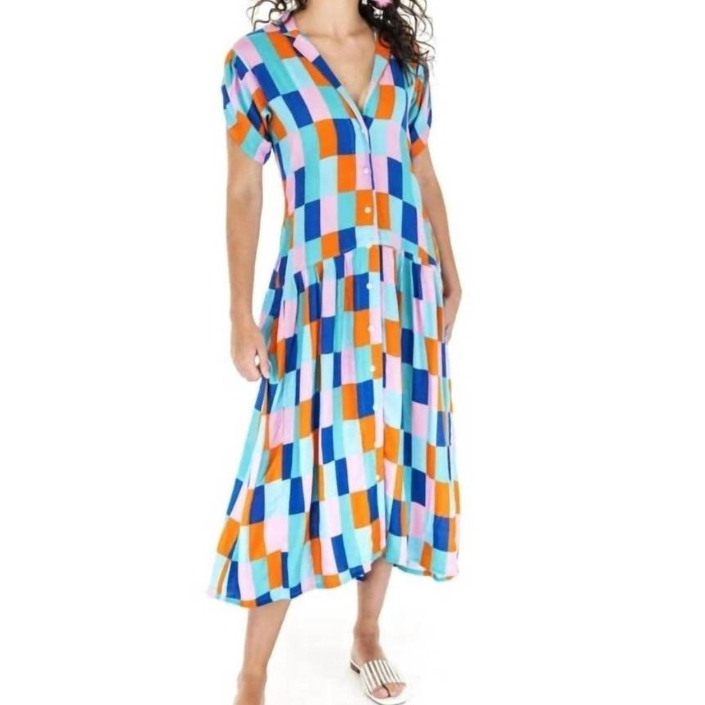 Briton‎ Court Puff Sleeve Button Front Midi Dress Squares Boxes Geometric Plaid
